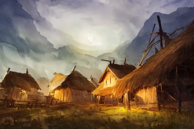 Prompt: paint brush strokes, abstract watercolor painting of rustic village at dusk, straw roof, viking town, lantern, ambient lighting, art by hans dahl, by jesper ejsing, art by anders zorn, wonderful masterpiece by greg rutkowski, cinematic light, american romanticism by greg manchess, creation by tyler edlin