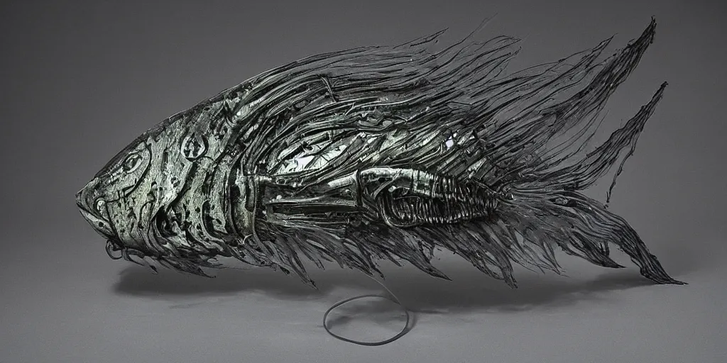 Image similar to angler fish sculpture, stylized layered shapes, long flowing fins, bioluminescent orbs, glowing eye, intricate, highly detailed, lifelike, smooth, sharp focus, art by h r giger