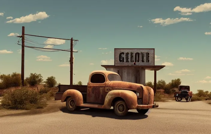 Prompt: A landscape with historical route66 with abandoned gas station and a single old rusty pickup-truck. the summer light dimly illuminates, diffuse light, octane render, lots of sparkling details and sun ray’s, blinding backlight, smoke, volumetric lighting, 35 mm, beautiful reflections, heavenly, softlight