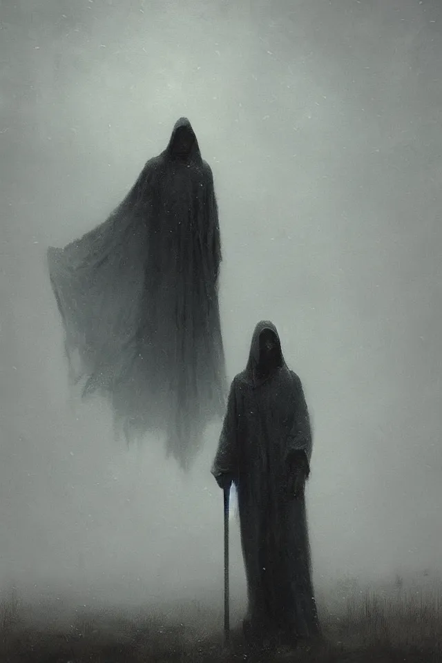 Prompt: “a gloomy painting of a robed figure standing in a foggy marsh, a detailed matte painting by Artem Demura, gothic art, concept art, artstation hq, matte painting”