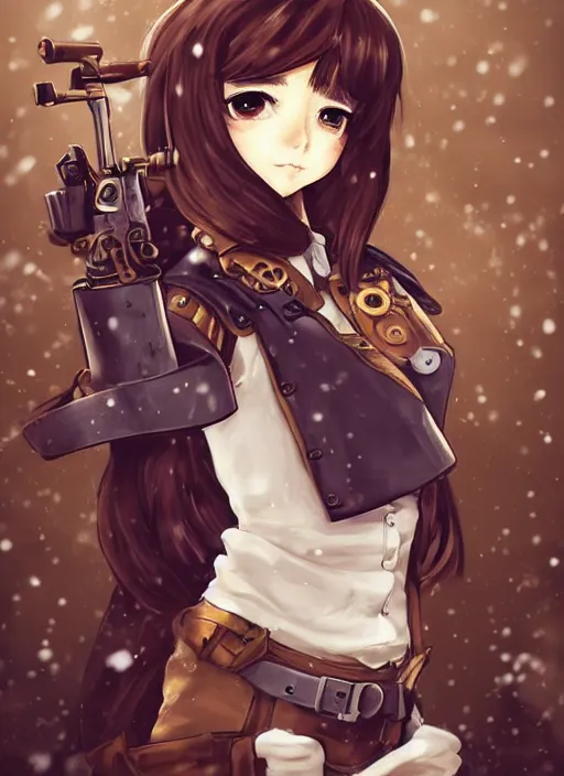 Image similar to girl with steampunk weapons and uniform, serious, intense, finely detailed, made by artgerm, full body portrait, illustration, snow, snowing, cloudy, anime, side view, perfect anime face, realistic face, zoomed out, smooth, brown eyes, high waisted shorts, sharp focus