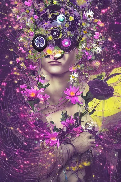 Image similar to night sky full of flowers, cyberpunk art, floating detailes, leaves b, kenneth blom, mental alchemy, pablo amaringo, naudline pierre, contemporary art, hyper detailed, photorealistic,