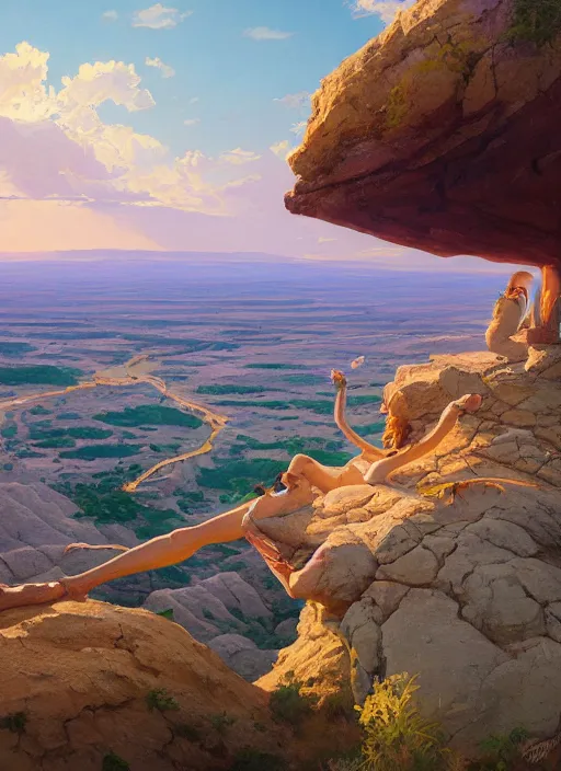 Prompt: lookout post overlooking badlands hot springs, extremely detailed oil painting, unreal 5 render, rhads, sargent and leyendecker, savrasov levitan polenov, bruce pennington, studio ghibli, tim hildebrandt, digital art, landscape painting, octane render, beautiful composition, trending on artstation, award winning photograph, masterpiece