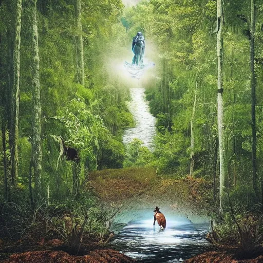 Image similar to a photo of an astronaut riding a horse in the forest. there is a river in front of them with water lilies