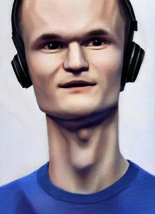 Prompt: vitalik buterin in headphones. vitalik buterin, close up, perfect symmetric face, coherent eyes, cute happy face, fine details., 4 k, hans zatska, oil paint