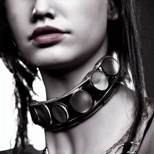 Image similar to detailed realistic female character cyberpunk wearing thick steel collar around neck, realistic, art, beautiful, 4K, collar, choker, collar around neck, punk, artstation, detailed, female, woman, choker, cyberpunk, neon, punk, collar, choker, collar around neck, thick collar, choker around neck, wearing choker, wearing collar,