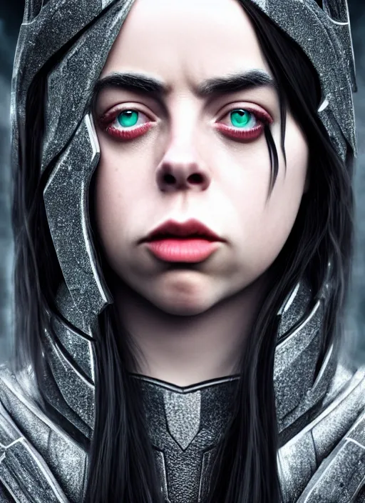 Image similar to Billie Eilish as female loki by, hyper detail, hyper realistic, octane render, noir, gorgeous symmetrical face, elegant,