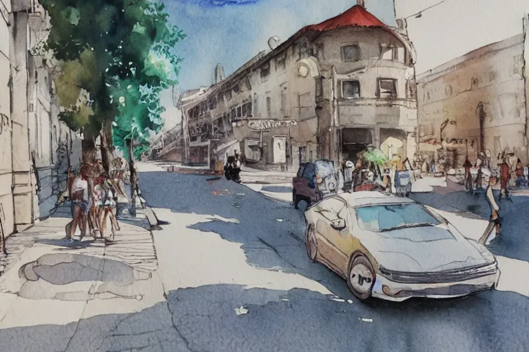 Prompt: street summer watercolor pen trending on artstation