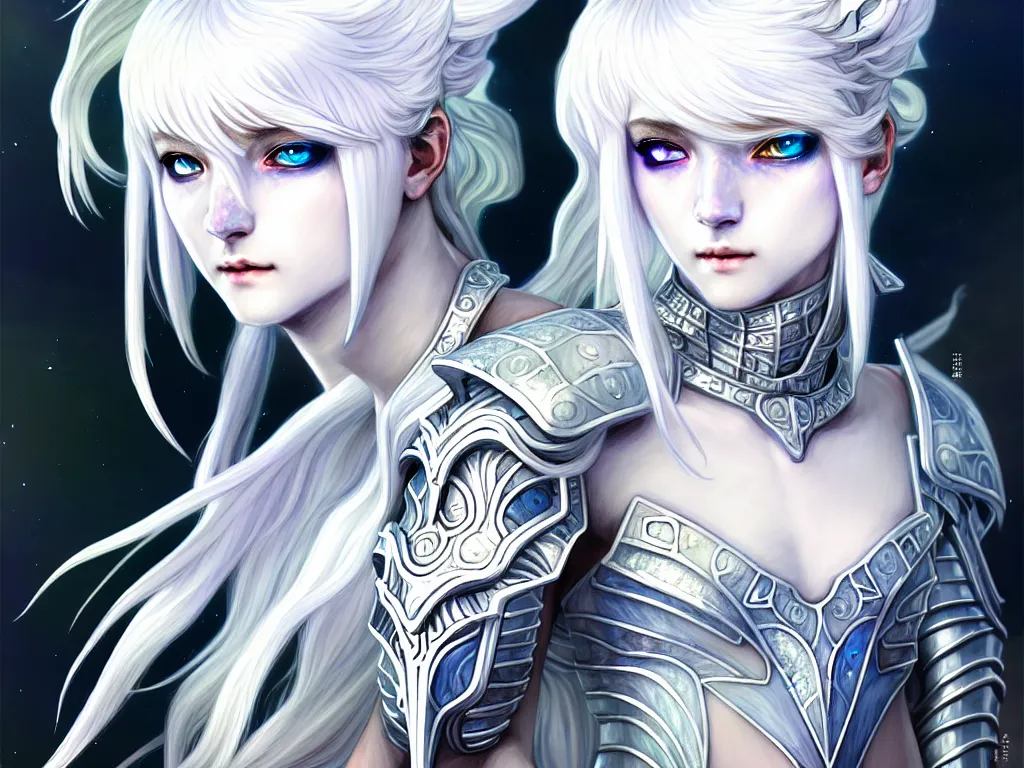 Image similar to portrait white hair knights of zodiac girl, matt white ice color armor, in ruined agora of athens sunrise, ssci - fi and fantasy, intricate and very beautiful and elegant, highly detailed, digital painting, artstation, concept art, smooth and sharp focus, illustration, art by ayanamikodon and tian zi and alphonse mucha and wlop