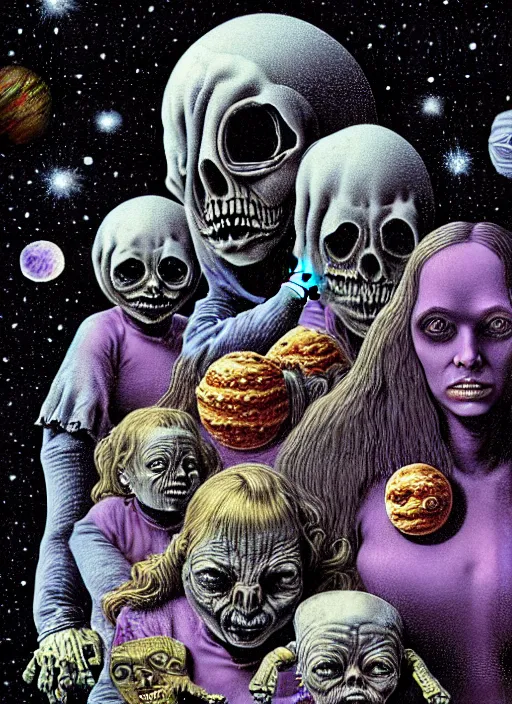 Image similar to detailed image of a creepy family in the deep space by richard corben, rich deep colors. masterpiece . intricate artwork, cinematic, hyper realism, high detail, unreal engine, 8k, Smooth gradients, High contrast, depth of field, very coherent symmetrical artwork. clean ink detailed line drawing, intricate detail, extremely detailed.