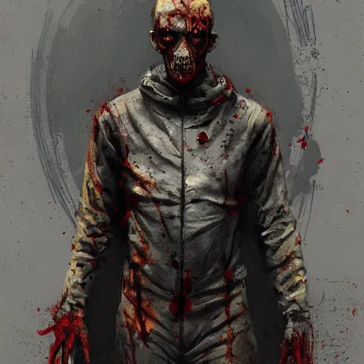 Prompt: bloody hazmat suit zombie, sinister by Greg Rutkowski