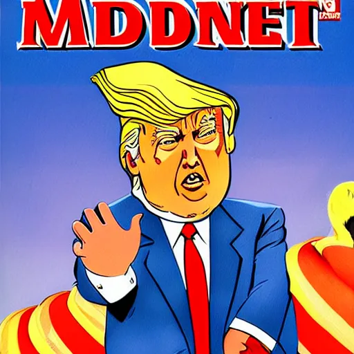 Image similar to Donald Trump on the cover of MAD art style Al Gaffee