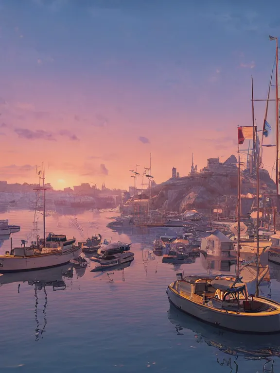 Image similar to photo of 8k ultra realistic harbour, port, boats, sunset, beautiful light, golden hour, full of colour, cinematic lighting, battered, trending on artstation, 4k, hyperrealistic, focused, extreme details,unreal engine 5, cinematic, masterpiece, art by studio ghibli