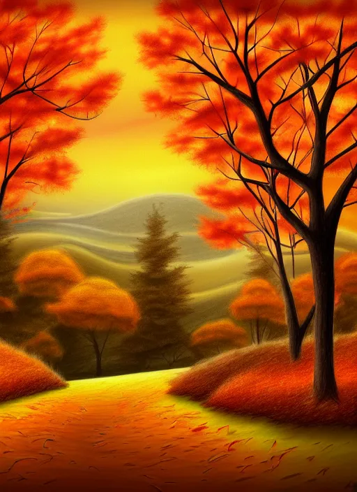 Prompt: beautiful drawing of a landscape in autumn, happy and cartoonish background, by tokenin, by glitchedpuppet, gradient orange, black, cream, brown and white color scheme, trending in artstation, award winning illustration