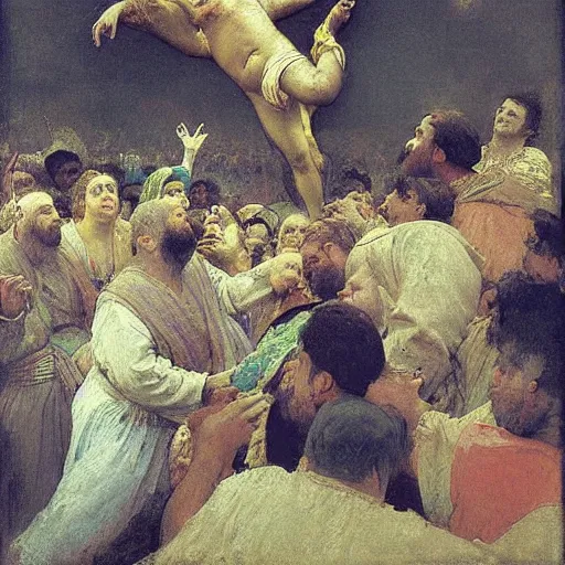 Image similar to morbidly obese jesus floating above a crowd of onlookers, by ilya repin