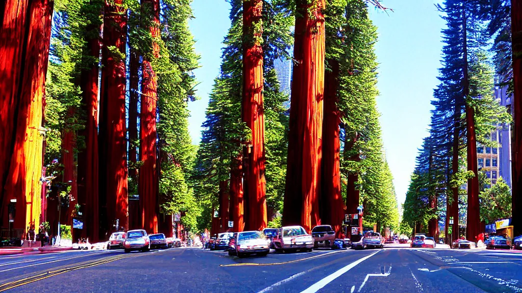 Image similar to Market Street lined with Redwood Trees by bruce mccall; Futuristic City in Harmony with Nature; Location: San Francisco, California;