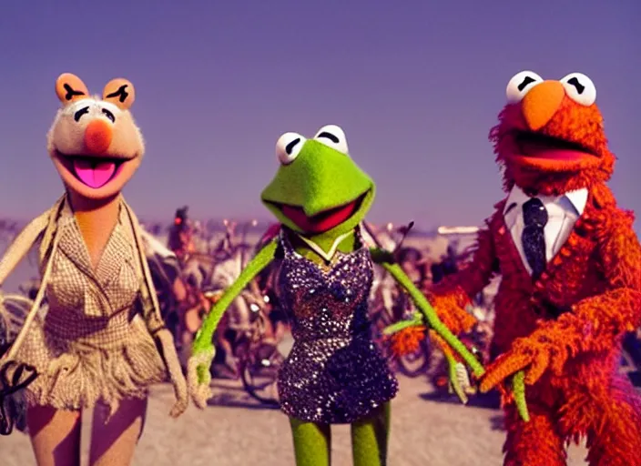 Image similar to The Muppets partying at Burning Man, cinematic
