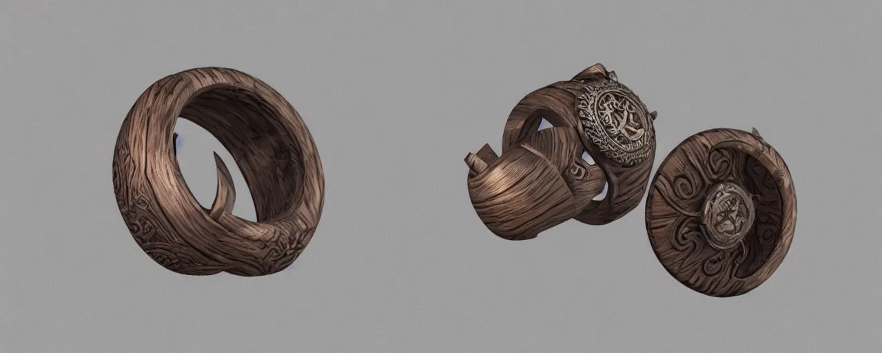 Prompt: simple wooden ring with a shield ornament, ring, wood, steel, tungsten, smooth shank, engravings, product design, jewelry, art by gerald brom, greg rutkowski and artgerm and james jean and zdzisław beksinski, 8 k, unreal engine, c 4 d