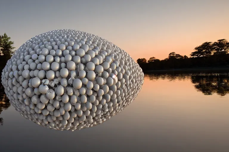 Image similar to a building composed of many multi - white spherical egg - shaped spaces. on the calm lake, people's perspective modern curved architecture, future, award winning, highly detailed 4 k art, dusk, by kazuyo sejima