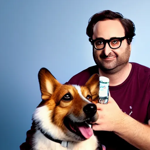 Prompt: Eric Wareheim with a corgi, hyperrealistic, RPG portrait, ambient light, dynamic lighting, golden hour