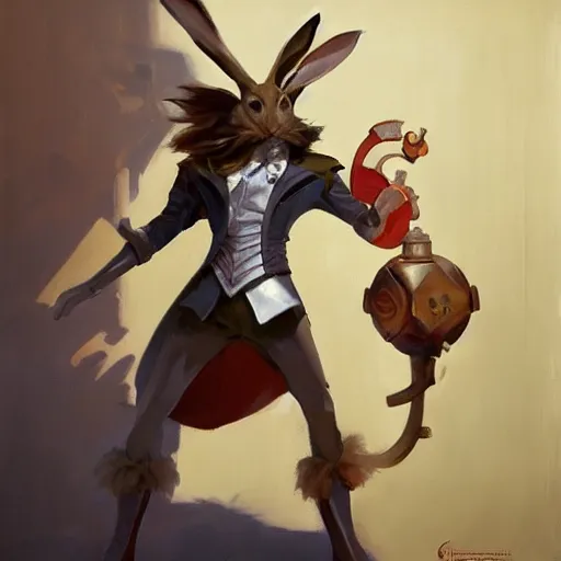 Image similar to greg manchess portrait painting of partially armored of the march hare from alice in wonderland as overwatch character, medium shot, asymmetrical, profile picture, organic painting, sunny day, matte painting, bold shapes, hard edges, street art, trending on artstation, by huang guangjian, gil elvgren, ruan jia, randy vargas, greg rutkowski