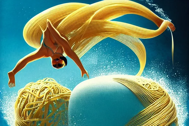 Prompt: olympic diver made of pasta diving into a pool of pasta, splash, art deco intricate ripples, fantasy, elegant, highly detailed, sharp focus, art by artgerm and beeple and greg rutkowski and wlop