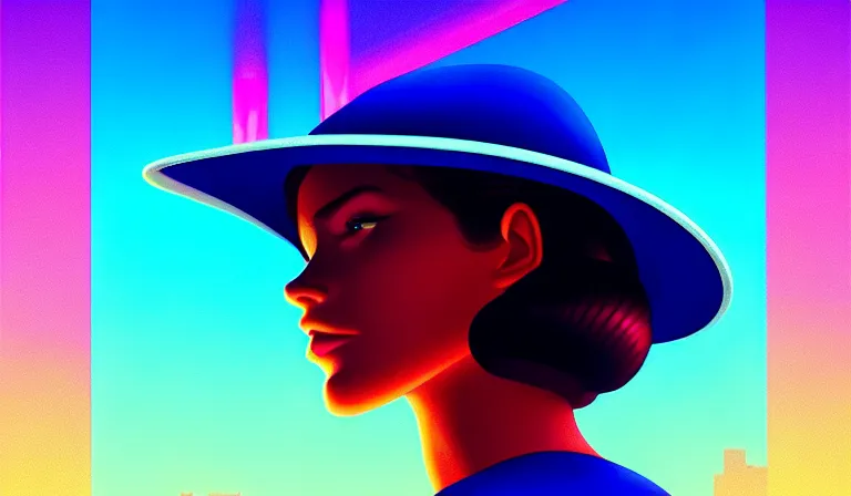 Image similar to a beautiful and immaculate teenager with a hat. synthwave. outrun style. trending on artstation. recommended for you behance. by chris moore. by edward hopper. beeple colors. metropolis filmic. gotham city.