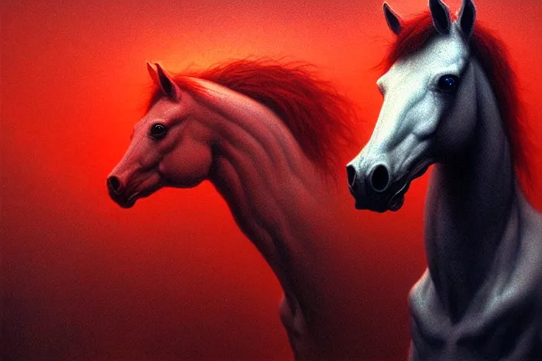 Prompt: a white cyberpunk horses with human heads, in the style of beksinski, intricate and epic composition, red by caravaggio, insanely quality, highly detailed, masterpiece, red light, artstation, 4 k