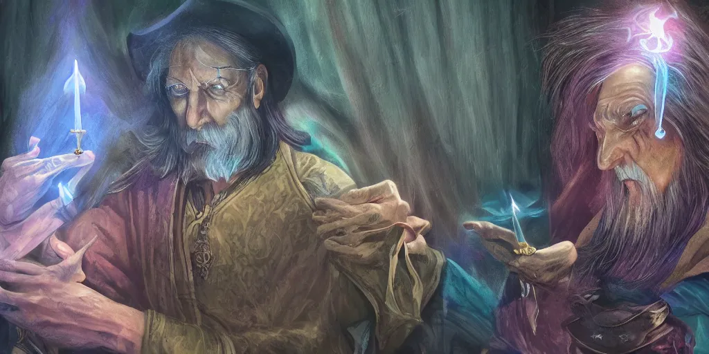 Prompt: wizard doing a tarot reading, cards, fantasy, digital art, soft lighting, 4 k, trending on artlist, medium close up