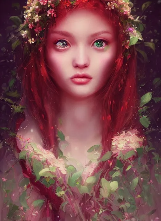 Prompt: a gorgeous flower princess portrait by WLOP, big emerald eyes, red hair, digital painting, beautiful lighting, mystical, detailed flowers, cgsociety