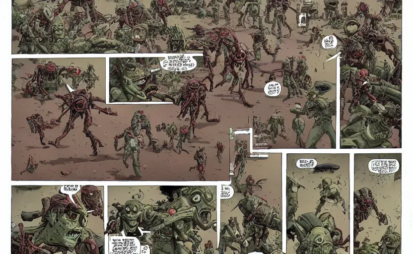 Image similar to a zombie vs mecha battle, art by geoff darrow, high quality, extremely detailed, wimmelbilder, - c 1 3. 0