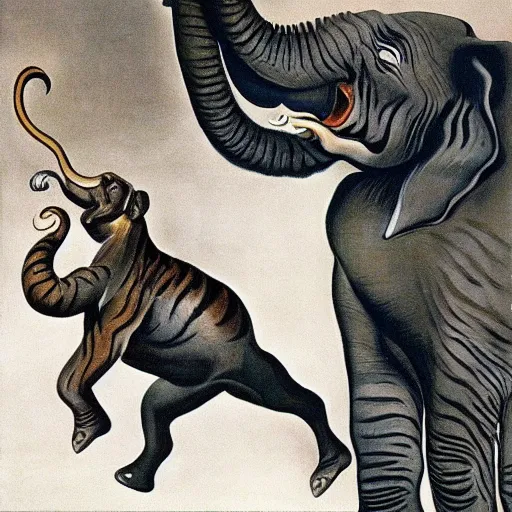 Prompt: an elephant fighting with a tiger painted by Salvador Dalí.