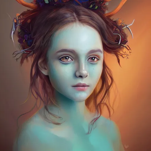 Prompt: A beautiful digital painting of a young woman with a round face and teal skin. She has antlers made from wood on her head and brown curly hair with orange oak leaves. She wears a green dress. D&D, fantasy, intricate, beautiful eyes, cinematic lighting, highly detailed, digital painting, Artstation, concept art, smooth, sharp focus, illustration, art by Artgerm and Greg Rutkowski and Alphonse Mucha