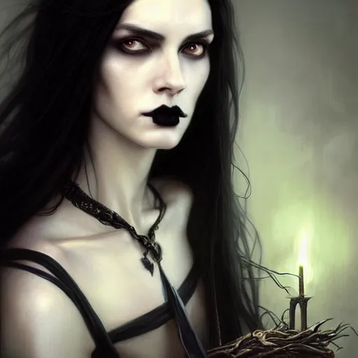 Prompt: portrait painting of an androgynous witch with shoulder length flowing black hair pale skin and beautiful dark brown eyes wearing goth clothes, ultra realistic, concept art, intricate details, eerie, highly detailed, photorealistic, octane render, 8 k, unreal engine. art by artgerm and greg rutkowski and alphonse mucha