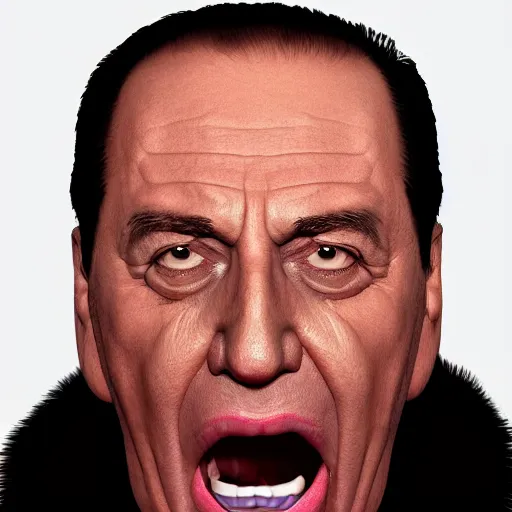 Prompt: Silvio Berlusconi with lots of snow on nostrils and tongue, open mouth extreme close up, hyper realistic and colorful, trending on artstation