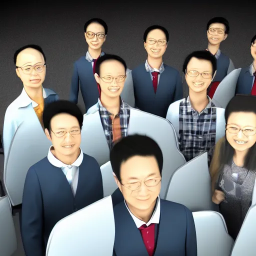 Prompt: 3D render of a group of happy asian mathematicians. Highly realistic. Highly detailed. High resolution. Dramatic. 8k