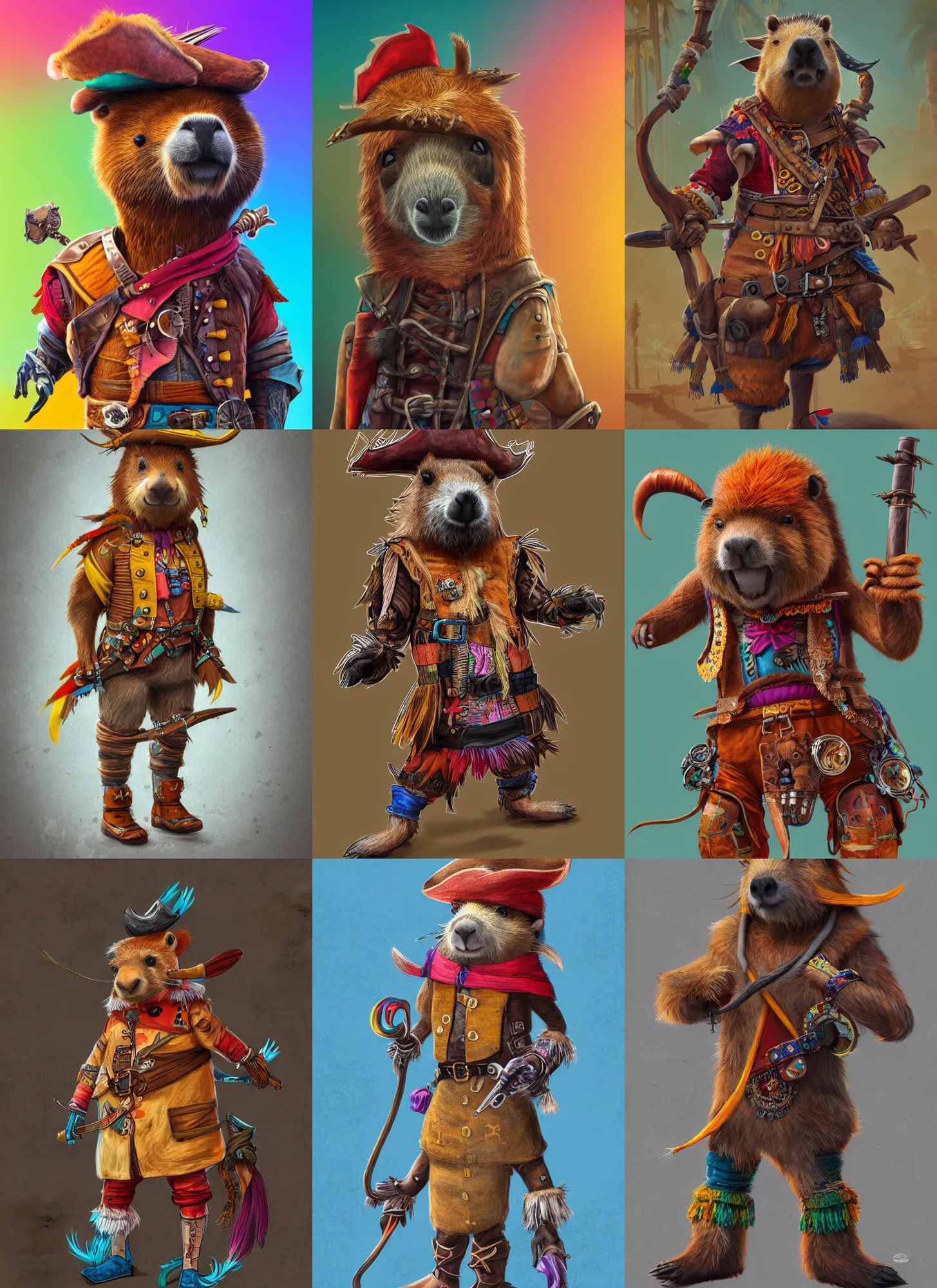 Prompt: full body concept art detailed colored pencil drawing of a cute anthropomorphic capybara as a pirate in full intricate colorful clothing, ultra detailed, digital art, octane render, 8 k, dystopian, biomutant, micro details