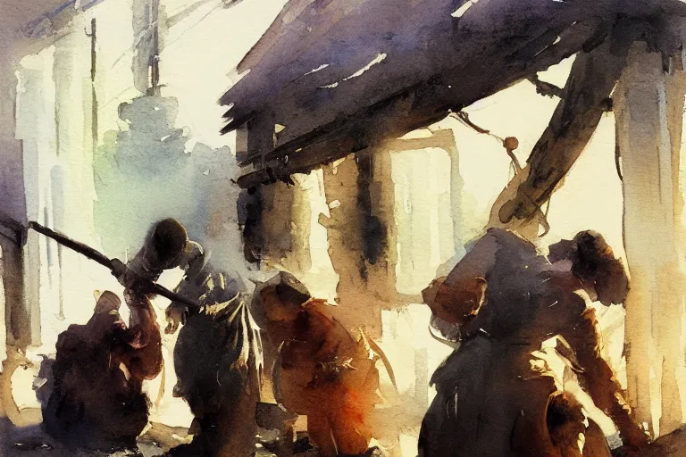 Prompt: small centered on watercolor paper, paint brush strokes, abstract watercolor painting of medieval blacksmith with apron, cinematic light, national romanticism by hans dahl, by jesper ejsing, by anders zorn, by greg rutkowski, by greg manchess, by tyler edlin