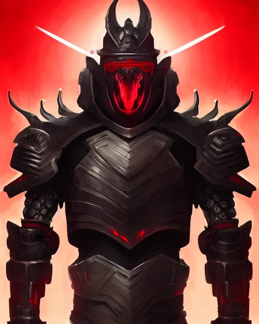 Prompt: concept art of a badass futurstic warrior with red glowing eyes and a big mouth with fangs, wearing sleek black futuristic armor | | epic - fine - fine details by stanley artgerm lau, wlop, rossdraws, and sakimichan, trending on artstation, brush strokes