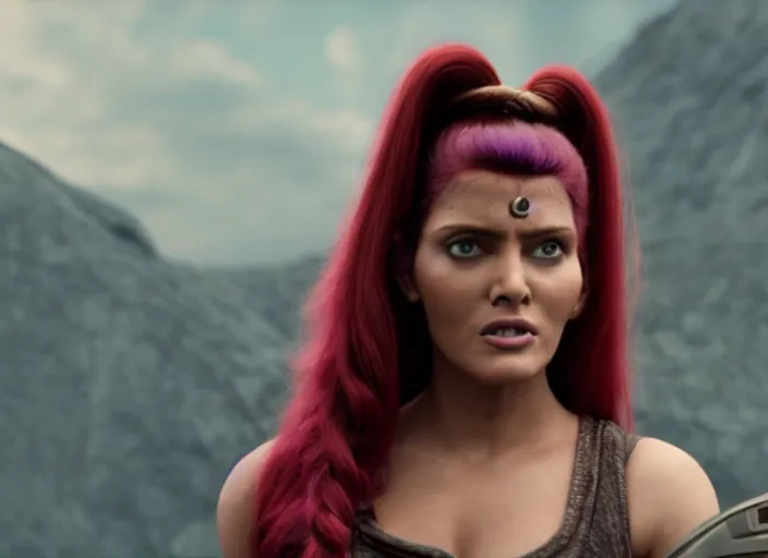 Image similar to film still of leela with a ponytail in the new scifi movie, 4 k