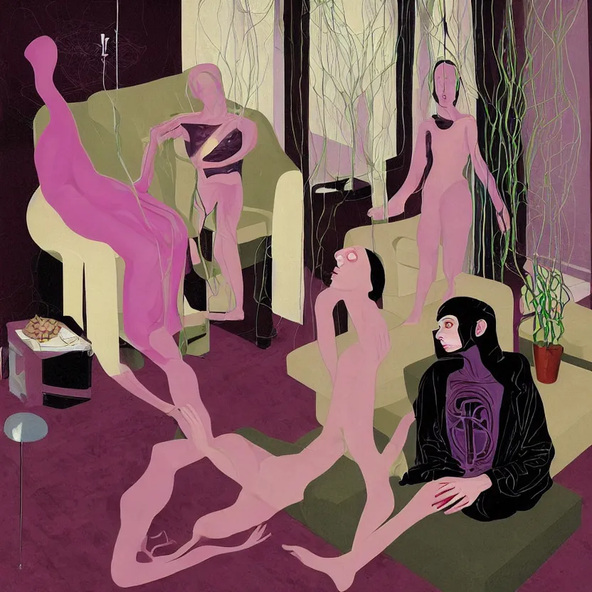 Image similar to One man and one woman attached by love in a living room of a house, floating dark energy surrounds the middle of the room. There is one living room plant to the side of the room, surrounded by a background of dark cyber mystic alchemical transmutation heavenless realm, cover artwork by francis bacon and Jenny seville and martine johanna, midnight hour, part by adrian ghenie, part by jeffrey smith, part by josan gonzales, part by norman rockwell, part by phil hale, part by kim dorland, palette knife texture, smudged paint, muted cold colors, artstation, highly detailed