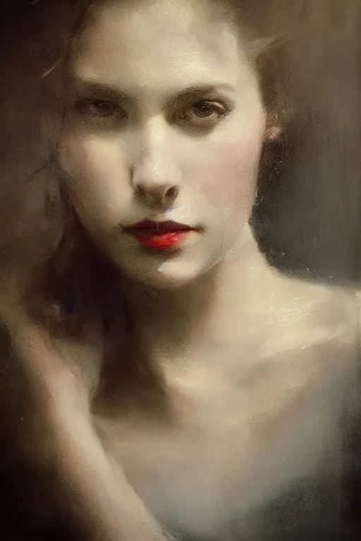 Image similar to detailed cinematic moody colors studio portrait of the memories of a victorian lady with a sensual pose kissing a gentleman high quality by jeremy mann, only one head single portrait