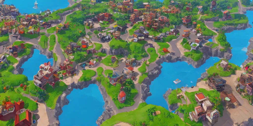 Prompt: medium sized coastal town in a video game similar to pokemon sword and shield. varied height level terrain, overview