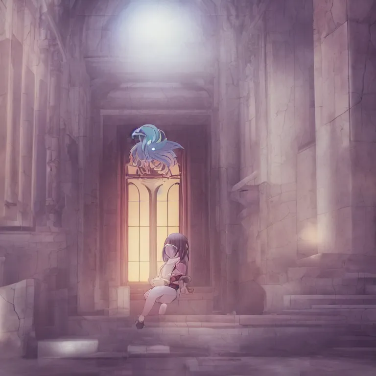 Prompt: photorealistic anime character inside a marble temple, film photo, soft lighting album cover, nostalgia, gradient, light reflection