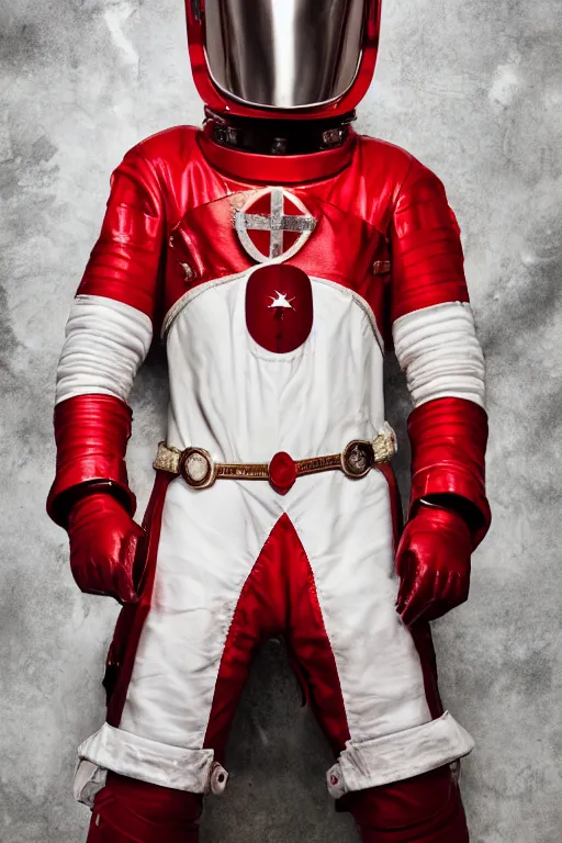 Prompt: photography of red and white space suits designed for knights templar by rick owens, with the knights templar cross logo, golden linings, heroic posing, photo shoot, by annie leibovitz, sigma 85mm 1.4, glows, sharp, high contrast