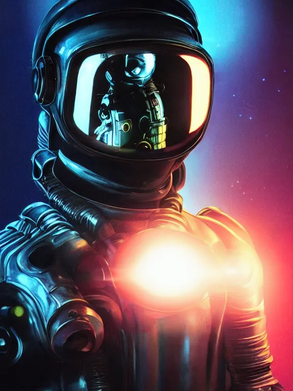 Image similar to portrait art of 8k ultra realistic retro futuristic terminator astronaut helmet, lens flare, atmosphere, glow, detailed,intricate,blade runner, cybernetic, full of colour, cinematic lighting, trending on artstation, 4k, hyperrealistic, focused, extreme details,unreal engine 5, cinematic, masterpiece, art by ayami kojima, giger