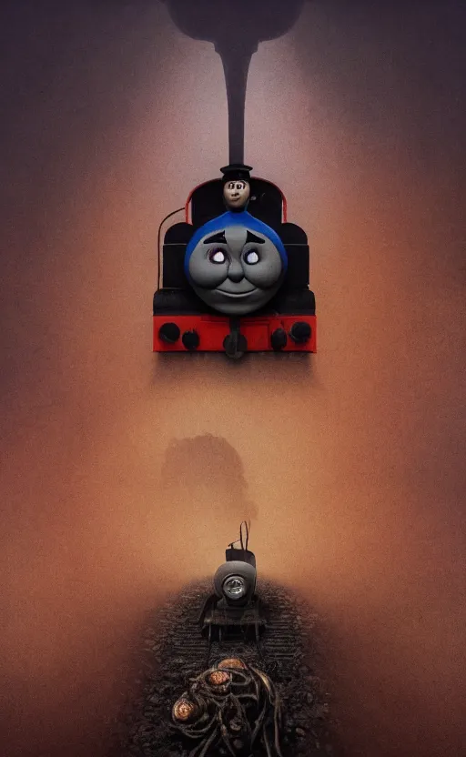 Image similar to thomas the tank engine in style of zdzisław beksinski, extremely dramatic lighting, 8 k, tendrils, black, darkness, black slime tendrils, infected, rust, body horror, thomas the train, thomas the tank engine face, horror,