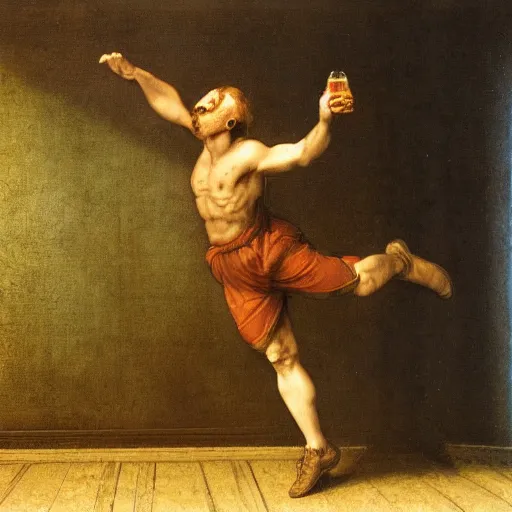 Image similar to a man boisterously dancing around the room by himself holding a single empty bottle as he jumps in the air, fine detail, dramatic lighting, award-winning photo UHD, 4K, by (Leonardo da Vinci)