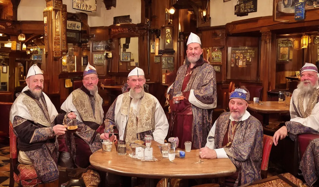 Image similar to the three wise men in period regal clothing in a wetherspoons pub having a pint