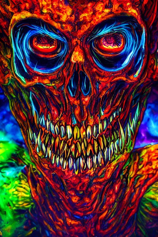 Prompt: 35 mm lens photo of chthonic scull lsd colors with sharp teeth and glowing demonic eyes and rgb background smoke, direct sunlight, glowing, vivid, detailed painting, Houdini algorhitmic pattern, by Ross Tran, WLOP, artgerm and James Jean, masterpiece, award winning painting